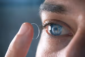 A person is touching a contact lens in their left eye.