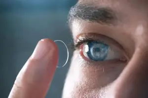 A person is touching a contact lens in their left eye.