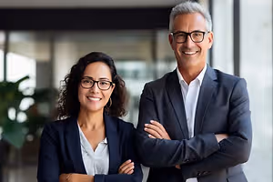 Two business people standing next to each other and smiling for a photo
