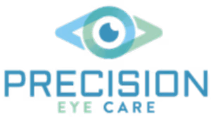Precision Eye Care logo with an eye symbol in blue and green colors on a green background