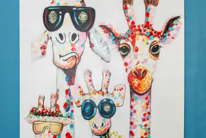 A painting of four giraffes with different expressions and wearing sunglasses on a blue background