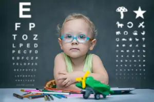 A baby with glasses is sitting at a desk with various objects like a toy car, pencils, and a book. Behind the baby, there is a blackboard with an eye chart and different images, including a mushroom, a star, a horse, and a cat.