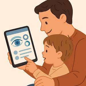 An illustration of a father and son using a tablet to view eye charts.