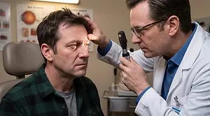 An adult male patient with a doctor examining his eye emergency