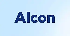 Alcon logo displayed on a light blue background