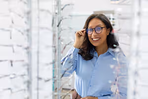 A woman wearing glasses is smiling in front of a glass display of eyeglasses.