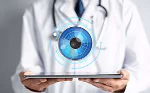 A doctor displays an eye image on a tablet.
