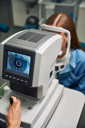 A woman getting her eye exam at North Coast Eye Care in North Ridgeville, OH