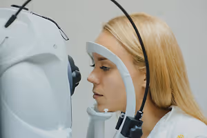 A woman having her eye exam at North Coast Eye Care in Avon, OH