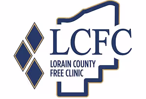 Loráin County Free Clinic logo featuring a stylized county map with the letters LCFC in a bold font and a geometric blue diamond on the left