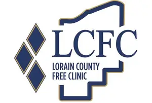 Loráin County Free Clinic logo featuring a stylized county map with the letters LCFC in a bold font and a geometric blue diamond on the left