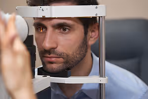 A man is having his eye examined by an optometrist using an ophthalmoscope.