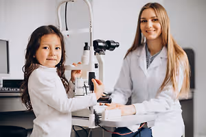 A young girl and a woman in a white lab coat are standing in front of an eye examination machine.