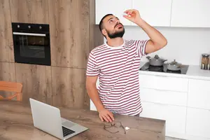 A man holding a thermometer in a kitchen while looking surprised