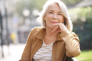 An older woman with white hair is sitting on a bench in a park, smiling, and has her hand on her chin.