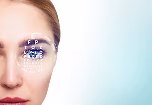 A woman is having her vision tested using an eye chart in a clinic.