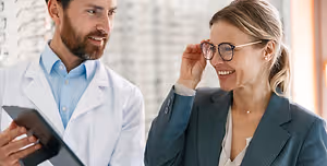 An adult woman trying on glasses in front of an optometrist wearing a white coat