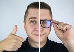 A man showing before and after his appearance with glasses on his face.