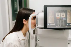 A woman is using an eye test machine in a medical office