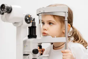 A little girl is looking through an eye examination machine