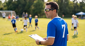 A man wearing a blue soccer jersey is standing on a soccer field and looking at a clipboard.