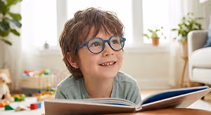 a smiling young boy with glasses reading a book