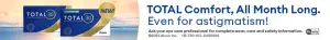 A blue and gold colored box of Total 30 contact lenses with the tagline 'Total Comfort, All Month Long. Even for Astigmatism!', a contact lens on a finger, and a blue and yellow sky with clouds in the background.