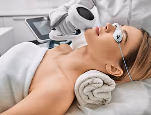 A woman lying on a bed wearing a towel and having her eyes closed with a device on her face.