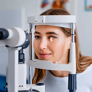 A woman is smiling while having her eyes examined with an eye examination machine