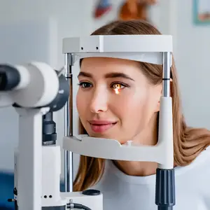 A woman is smiling while having her eyes examined with an eye examination machine
