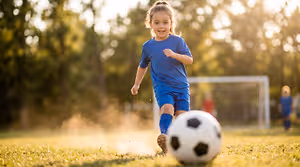A little girl kicking a soccer ball on a field with a blurry background of trees and a goal.