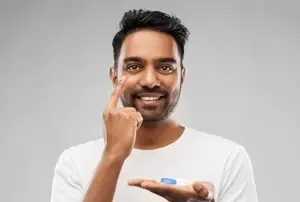 A man holding a contact lens in his hand and pointing to his eye with his other hand