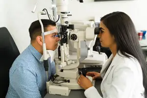 A man having his eyes examined by a female optometrist