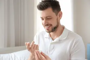 A man is smiling while holding a contact lens in his hand
