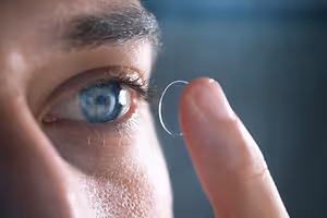A man is holding a contact lens near his eye, possibly preparing to put it in.