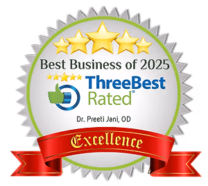 ThreeBestRated logo with Dr. Preeti Jani, OD 2025 Best Business award