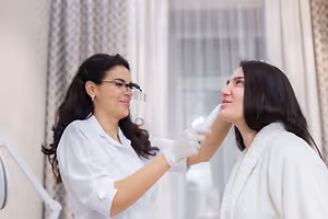 A woman is getting a dental checkup by a dentist wearing a white coat and gloves in a dental clinic.