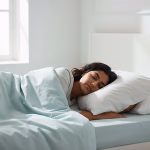 A woman sleeps peacefully in a neatly made bed with white linens and pillows, bathed in soft natural light from a nearby window.