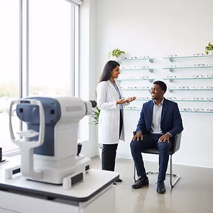 a man is sitting on a chair and talking to an eye doctor in a lab coat
