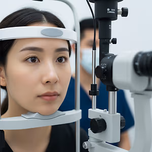 A woman undergoing an eye examination at an optometrist's office, looking into an ophthalmoscope