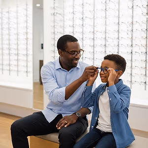 A man and a child are sitting in front of a row of eyeglasses on display