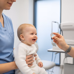 A baby is having their eyes checked by a doctor while a woman holds them in an office