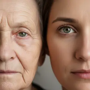 Close up of an older woman and a younger woman looking at each other.