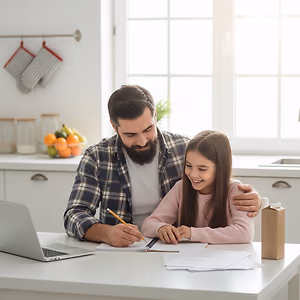 A man and a young girl sitting at a kitchen table working on a laptop