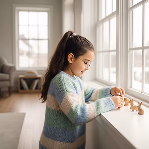 A girl with glasses is playing with wooden toys on the windowsill.