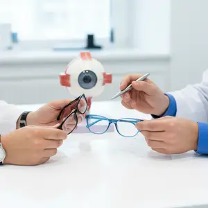 An optometrist shows a patient some blue glasses