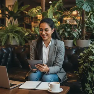 A woman wearing glasses is sitting on a black leather couch and looking at a tablet with a smile on her face.