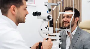 An eye doctor and patient sitting together while the doctor is examining the patient's eyes with an ophthalmoscope