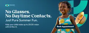 Ortho-K Eye Care advertisement for children with a smiling girl wearing a hat