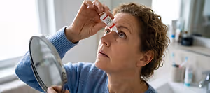 An older woman is looking at her eye in a mirror in a bathroom, while holding a red and white bottle in her hand. She is probably putting in eye drops.